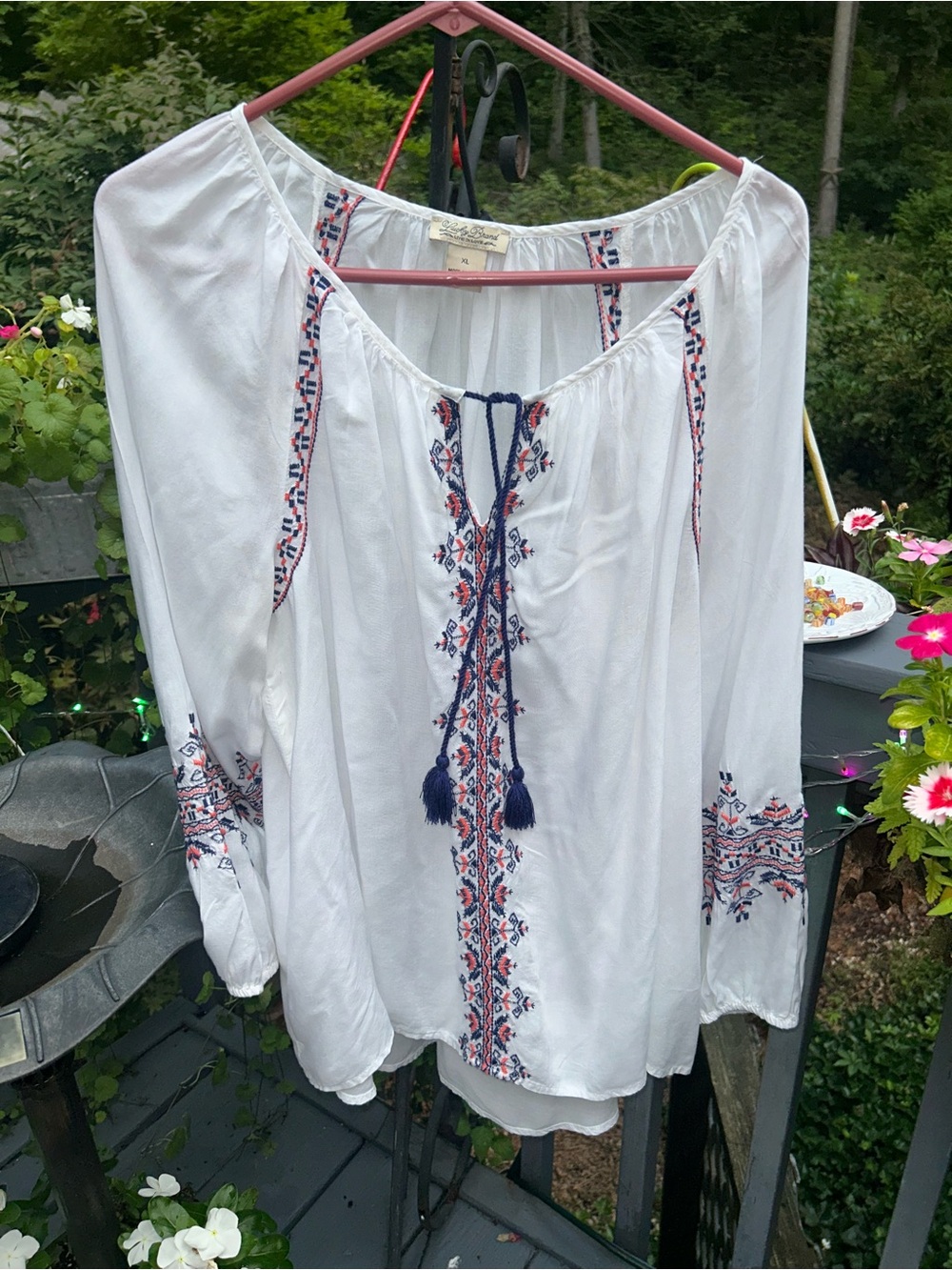 White Embroidered Peasant Blouse with Navy Tassels by Lucky Brand   Xl